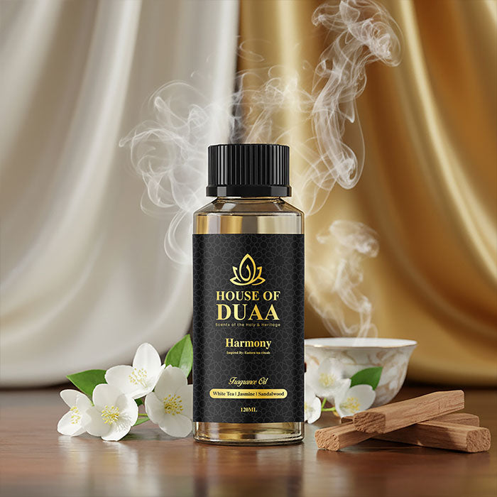 Harmony is a calming diffuser oil and fragrance inspired by Eastern tea rituals. White tea, jasmine, and sandalwood create a peaceful, balanced, and soothing scent - House of Duaa