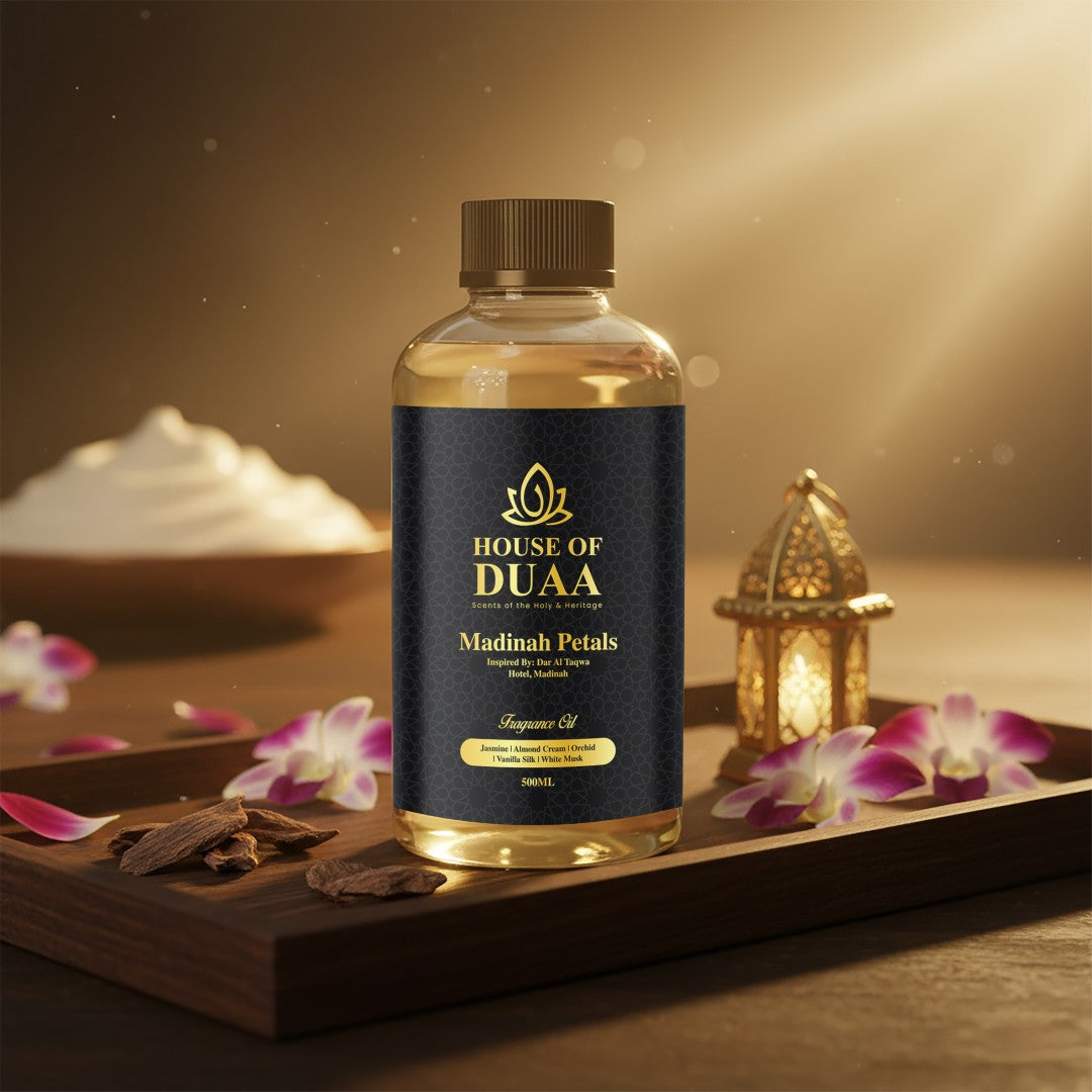 Madinah Petals diffuser oil and fragrance blends jasmine, orchid, almond cream, vanilla silk, and white musk for a gentle, elegant, and comforting atmosphere - House of Duaa