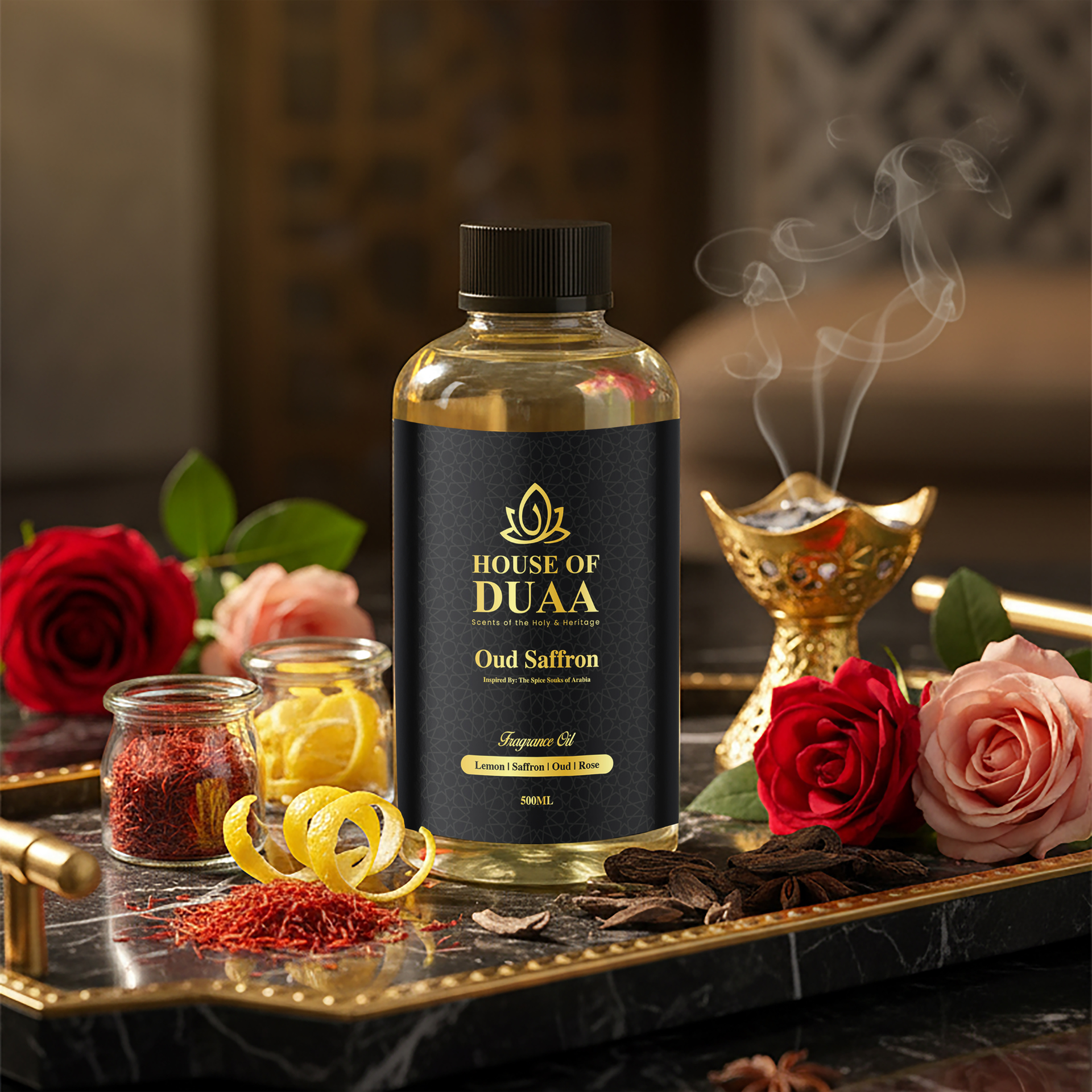 Oud Saffron is a bold diffuser oil and fragrance inspired by Arabia’s spice souks. Lemon, saffron, oud, and rose create a rich, aromatic scent full of heritage - House of Duaa