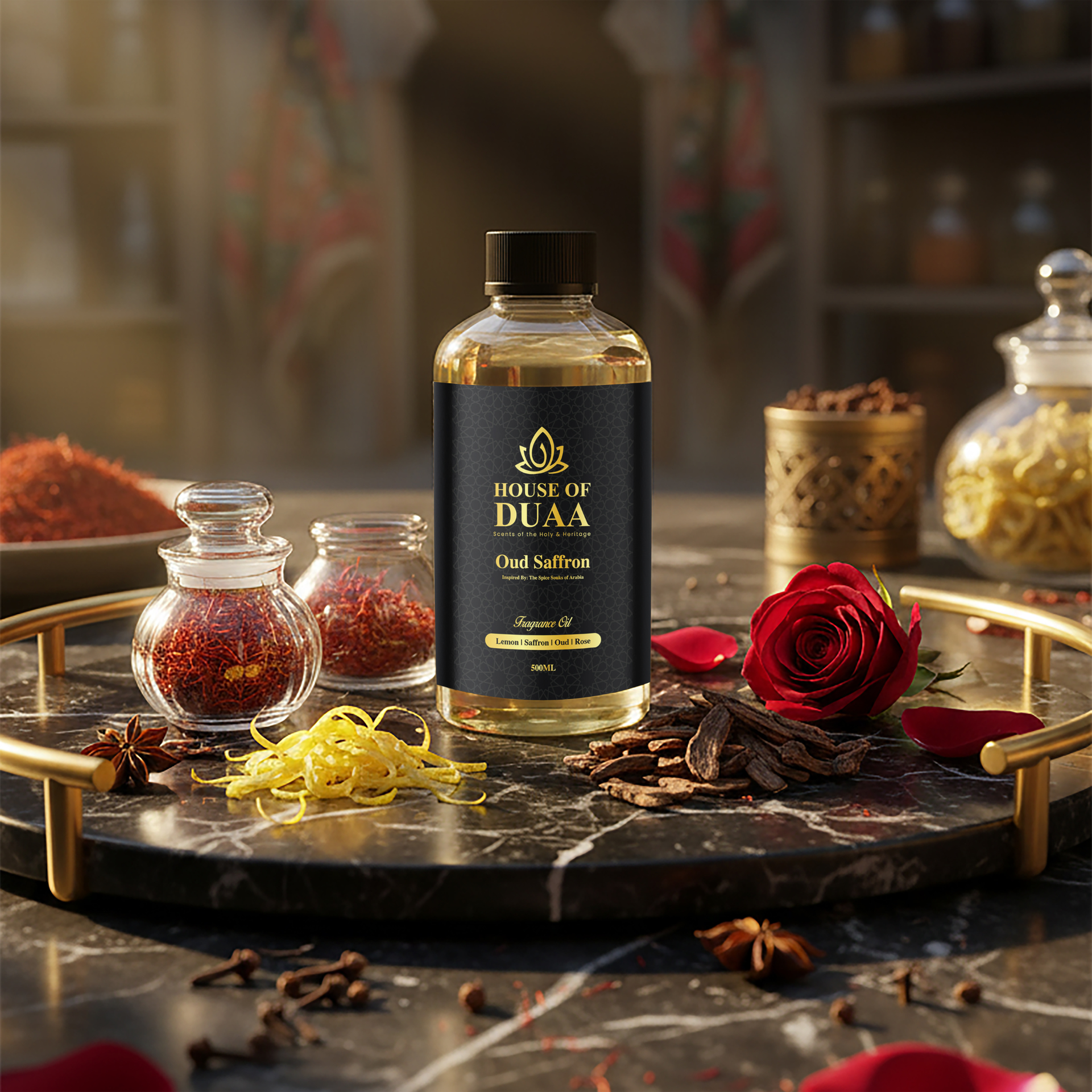 Oud Saffron is a bold diffuser oil and fragrance inspired by Arabia’s spice souks. Lemon, saffron, oud, and rose create a rich, aromatic scent full of heritage - House of Duaa