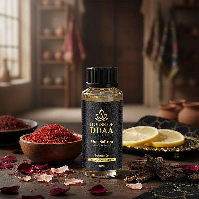 Oud Saffron is a bold diffuser oil and fragrance inspired by Arabia’s spice souks. Lemon, saffron, oud, and rose create a rich, aromatic scent full of heritage - House of Duaa