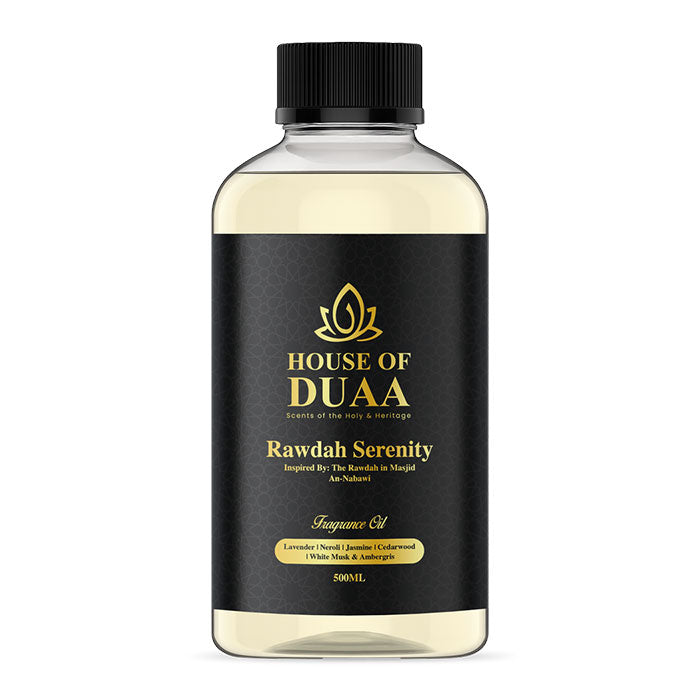 Rawdah Serenity diffuser oil and fragrance blends lavender, neroli, jasmine, cedarwood, white musk, and ambergris for a peaceful, sacred atmosphere - House of Duaa