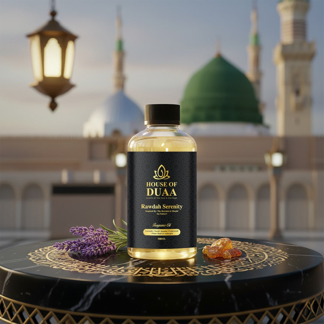 Rawdah Serenity diffuser oil and fragrance blends lavender, neroli, jasmine, cedarwood, white musk, and ambergris for a peaceful, sacred atmosphere - House of Duaa