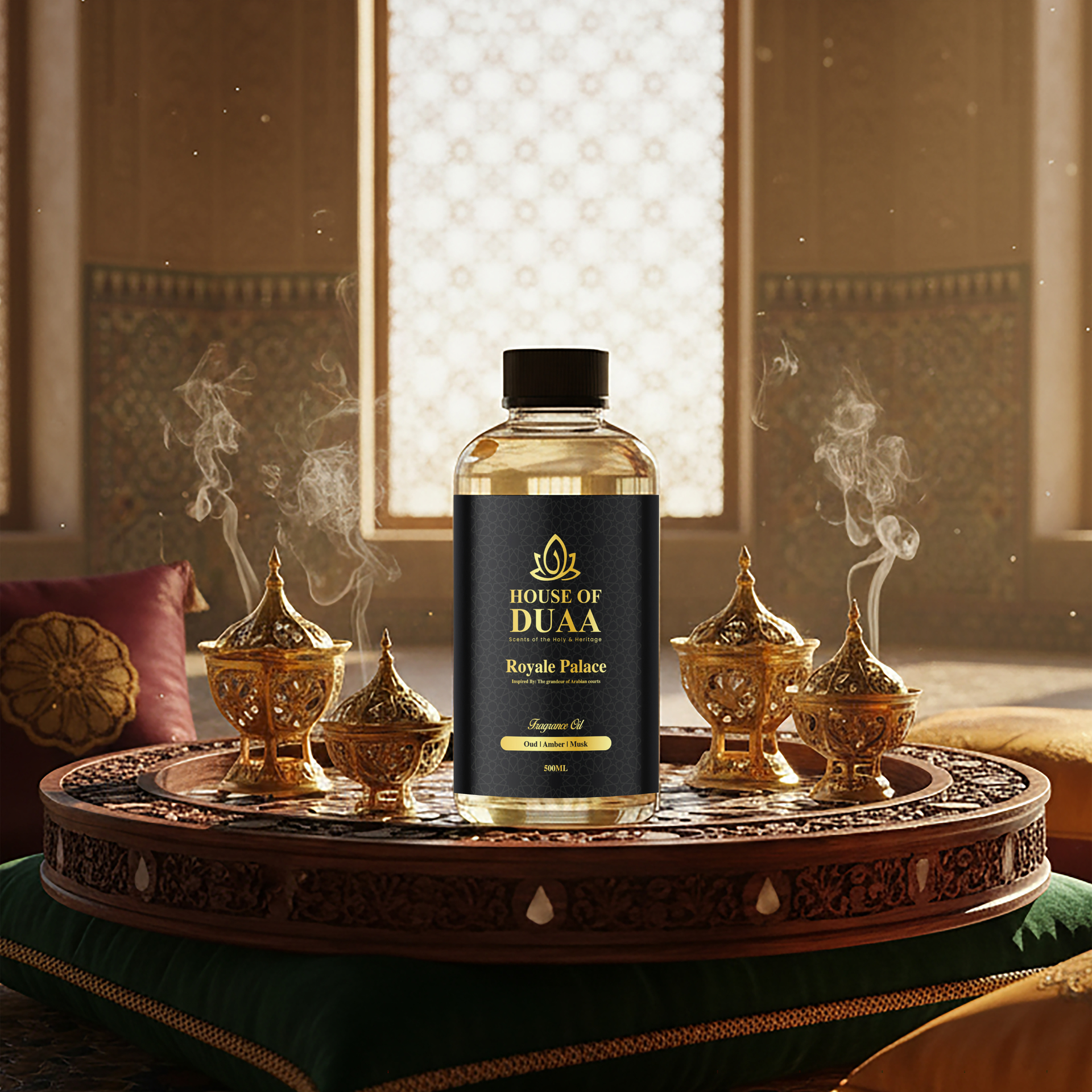 Royale Palace is a majestic diffuser oil and fragrance inspired by Arabian courts. Deep oud, rich amber, and soft musk create a powerful, elegant, and timeless scent - House of Duaa