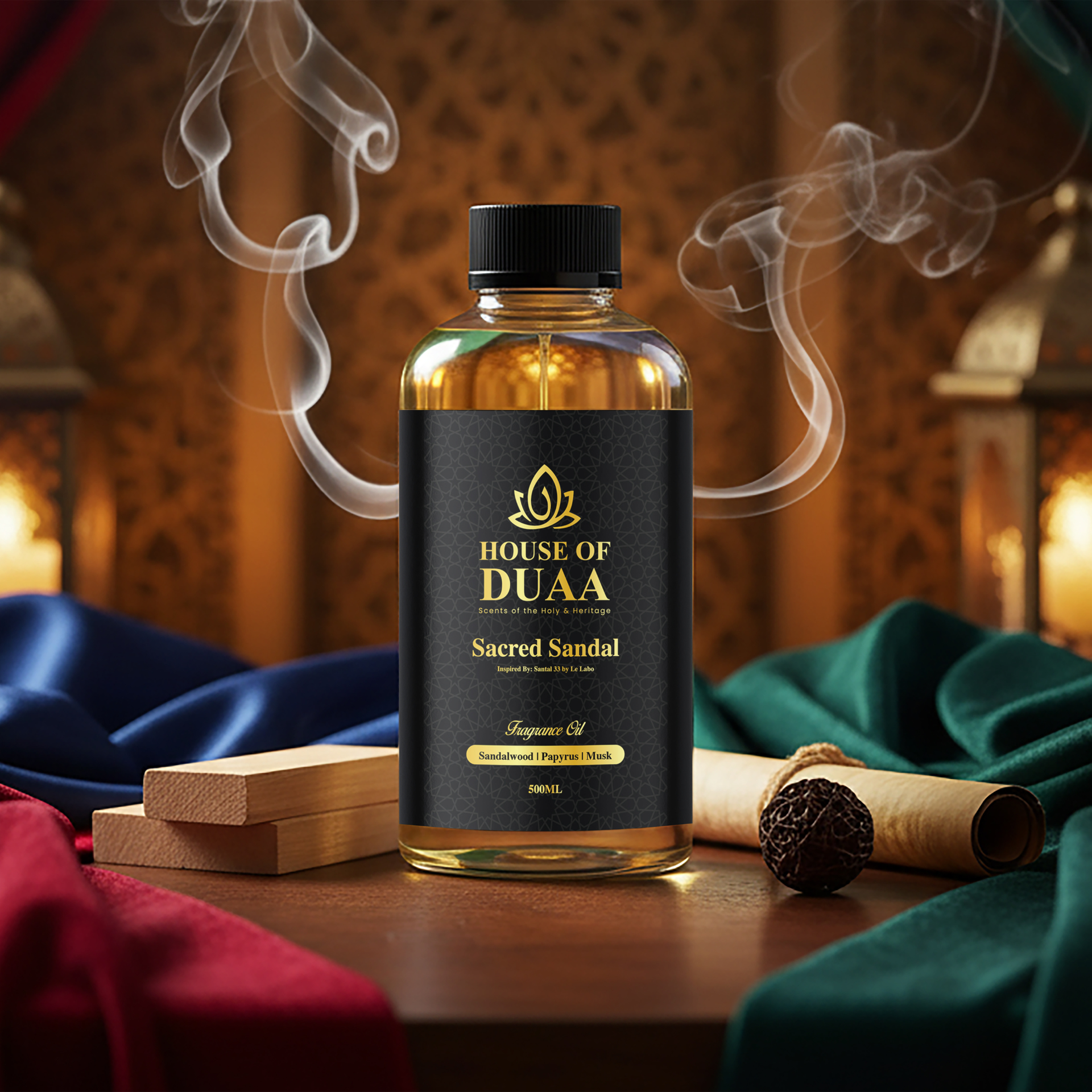 Sacred Sandal is a smooth diffuser oil and fragrance inspired by Santal 33. Creamy sandalwood, earthy papyrus, and soft musk create a grounding, modern scent - House of Duaa