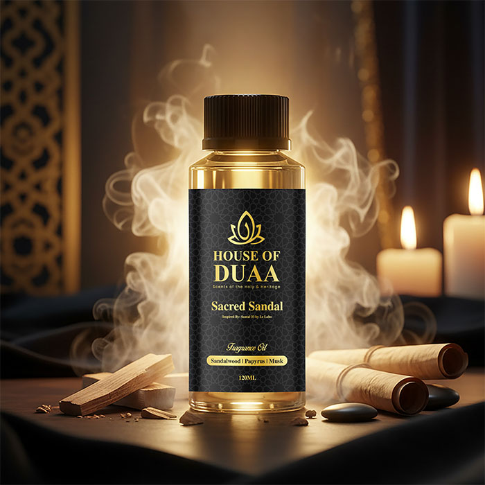 Sacred Sandal is a smooth diffuser oil and fragrance inspired by Santal 33. Creamy sandalwood, earthy papyrus, and soft musk create a grounding, modern scent - House of Duaa