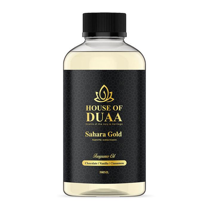 Sahara Gold is a decadent diffuser oil and fragrance inspired by Arabian treasures. Rich chocolate, creamy vanilla, and cinnamon create a warm, luxurious scent - House of Duaa