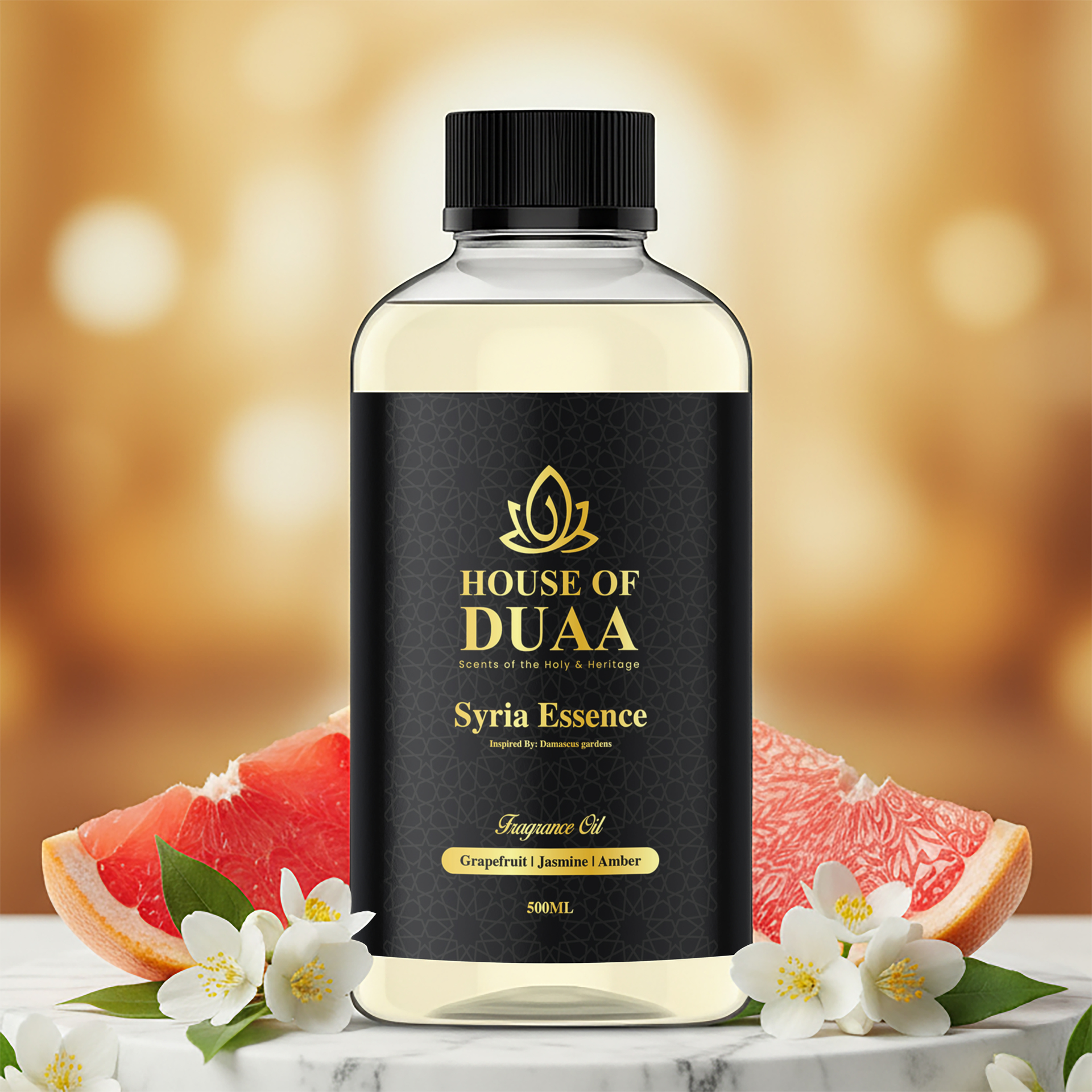 Syria Essence is an elegant diffuser oil and fragrance inspired by the gardens of Damascus. Fresh grapefruit, soft jasmine, and warm amber create a timeless scent - House of Duaa