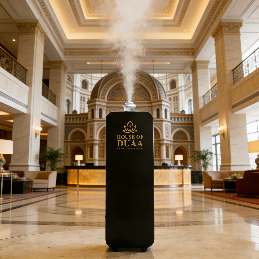 Vera Burj™ delivers refined fragrance coverage for homes, mosques, hotels, and commercial spaces like this hotel lobby with advanced cold-air diffusion and smart app control.