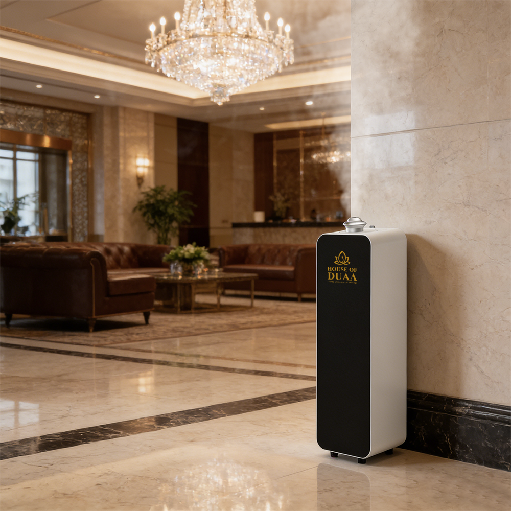 Vera Burj™ delivers refined fragrance coverage for homes, mosques, hotels, and commercial spaces like this hotel Lobby with advanced cold-air diffusion and smart app control.