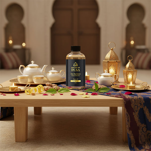 Zen Tea Grove diffuser oil & fragrance blends tea leaves, lemon, ginger, rose, jasmine & amber for a calming, refreshing, and peaceful home scent - House of Duaa