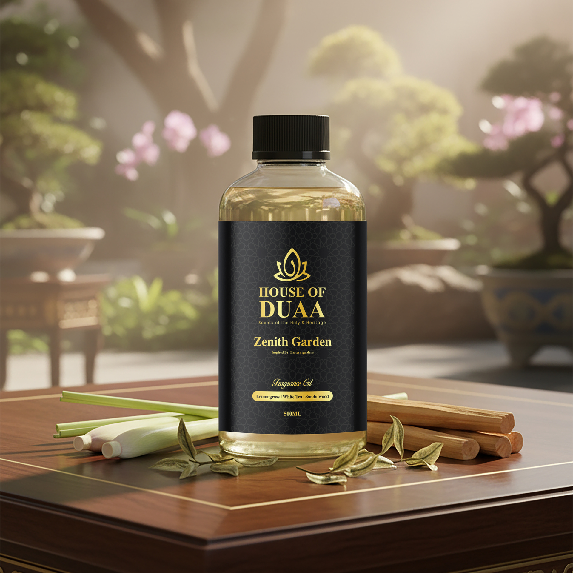 Zenith Garden is a refreshing diffuser oil and fragrance inspired by tranquil Eastern gardens. Lemongrass, white tea, and sandalwood create a calm, uplifting scent - House of Duaa 